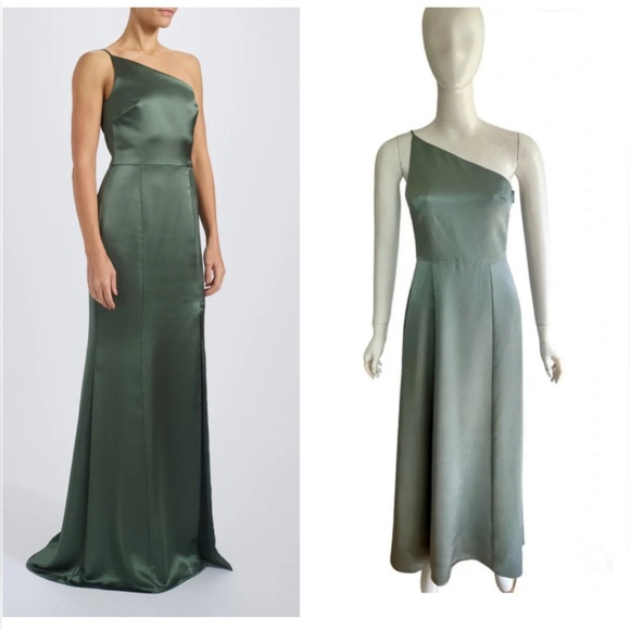 Amsale Womens One Shoulder Satin Side Zip Maxi Dress Long Gown Green Size 0 - Picture 1 of 9